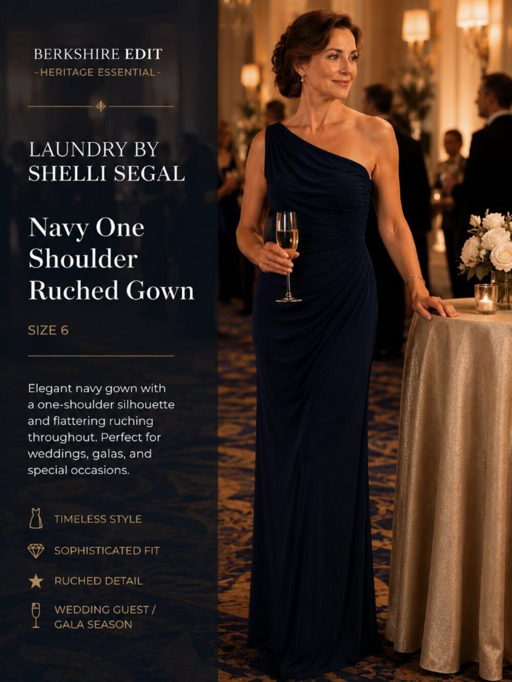 Laundry Shelli Segal Navy One Shoulder Beaded Ruched Evening Gown 6
